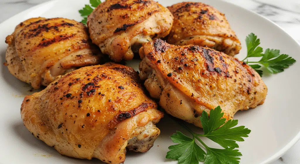 Crispy and juicy air fryer chicken thighs served on a white plate with herbs