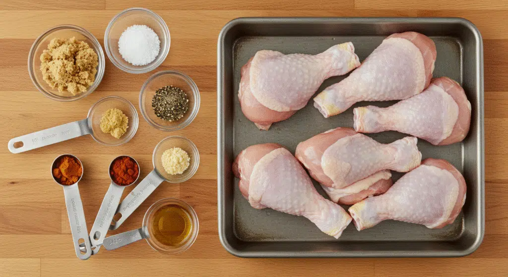 Best Damn Air Fryer Chicken Legs Homemade Recipe 9 Ingredients laid out for making air fryer chicken legs