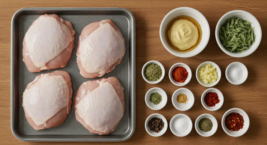 Ingredients for air fryer chicken thighs including chicken, paprika, garlic powder, and olive oil