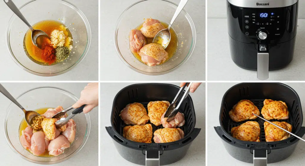 Chicken thighs being arranged in an air fryer basket before cooking