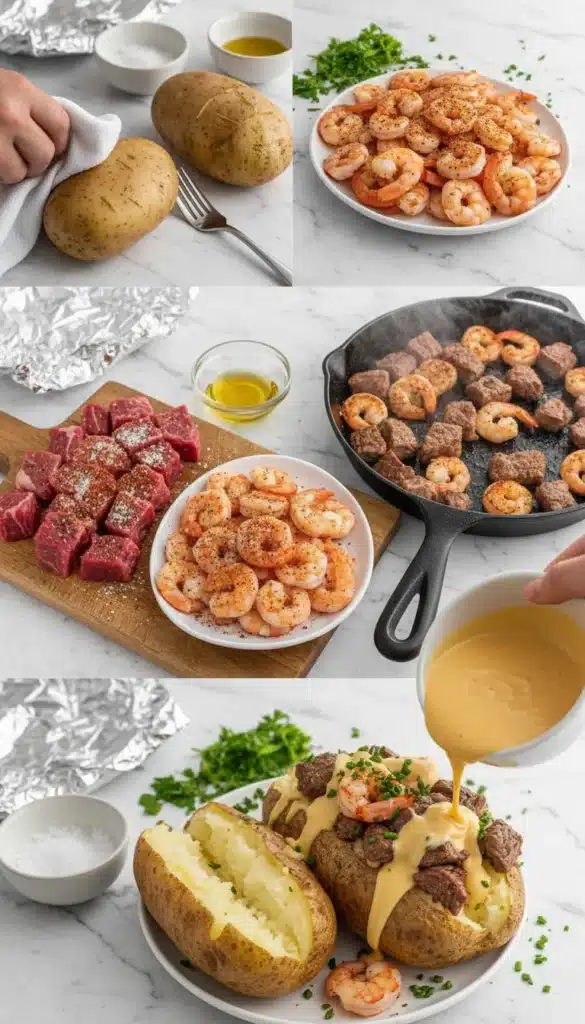 Searing steak and shrimp in a skillet next to baked potatoes