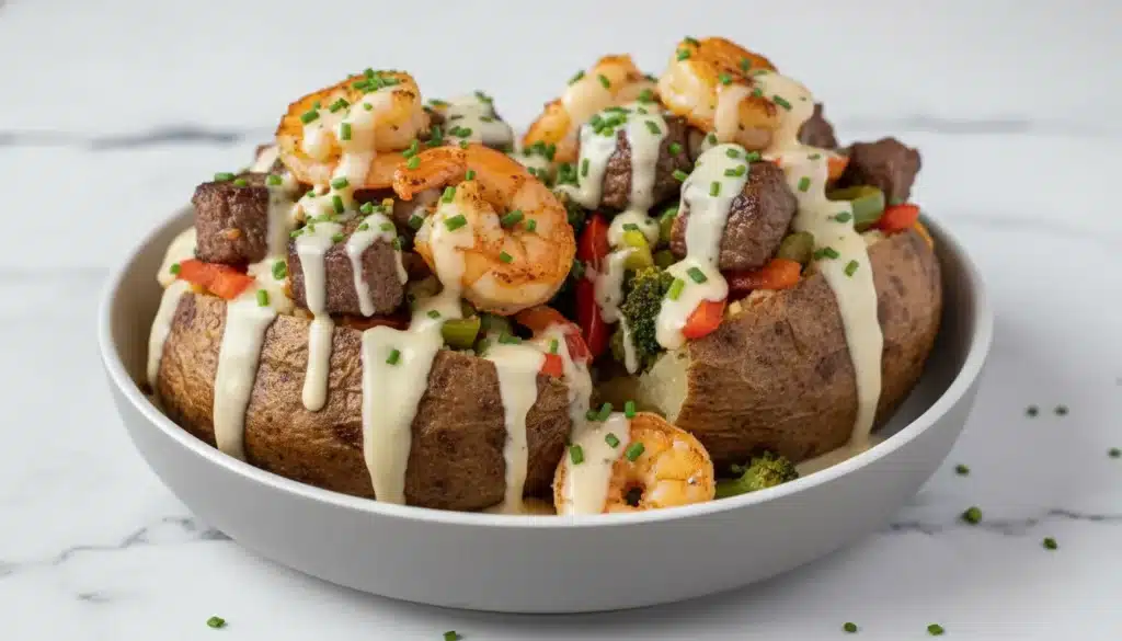 Steak and shrimp loaded potato served on a plate with parsley garnish