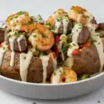 Steak and shrimp loaded potato served on a plate with parsley garnish