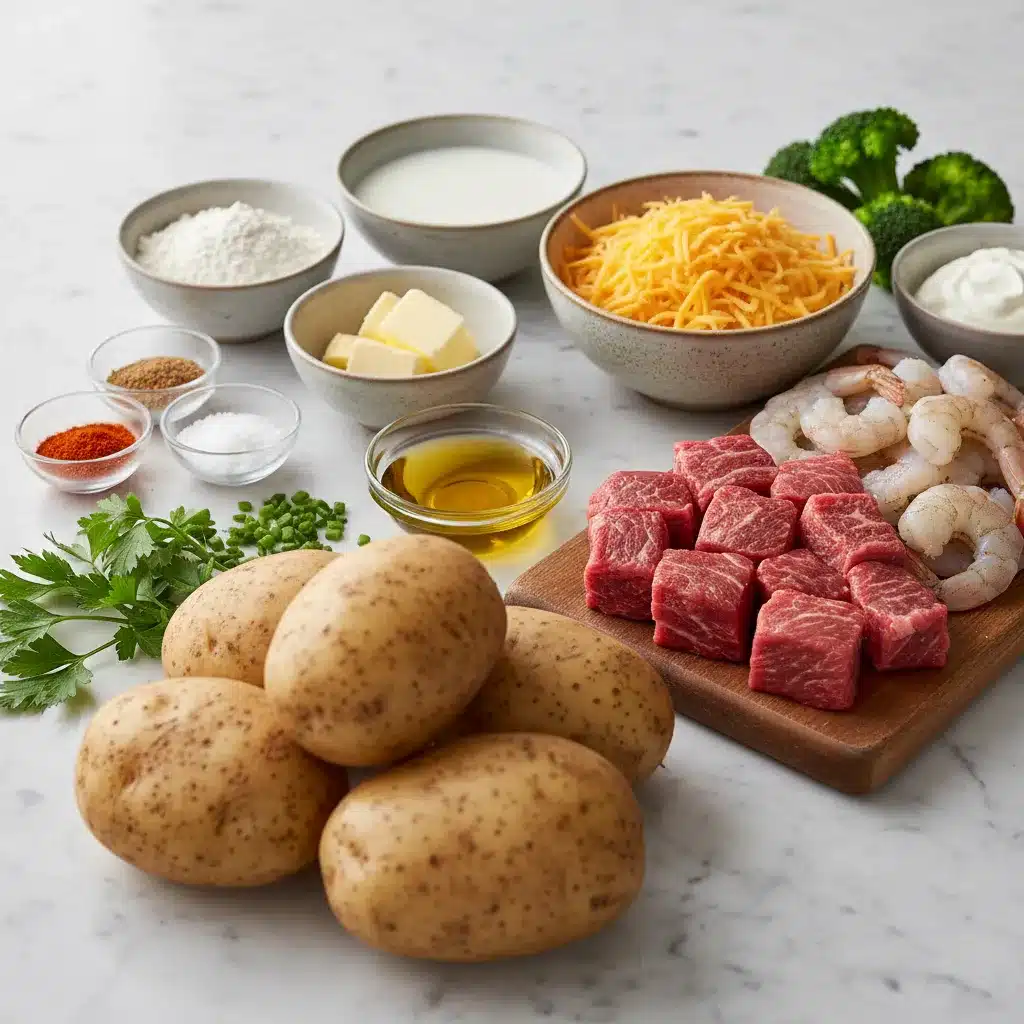 Raw steak, shrimp, russet potatoes, cheese, and seasonings arranged for cooking