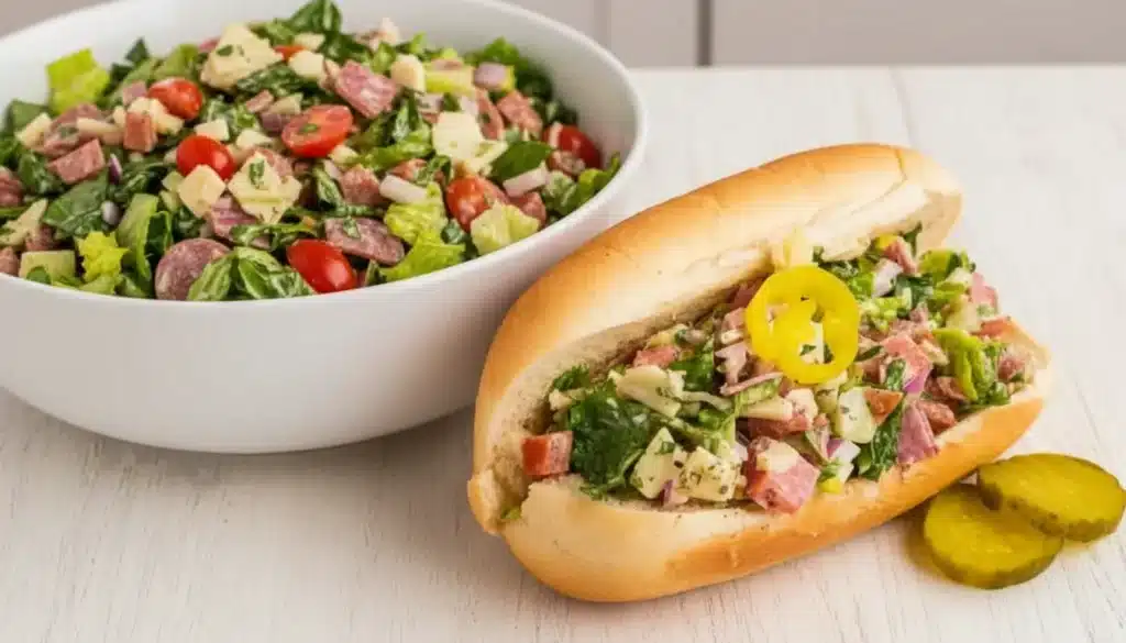 Fresh chopped Italian sub salad in a white bowl with hoagie roll