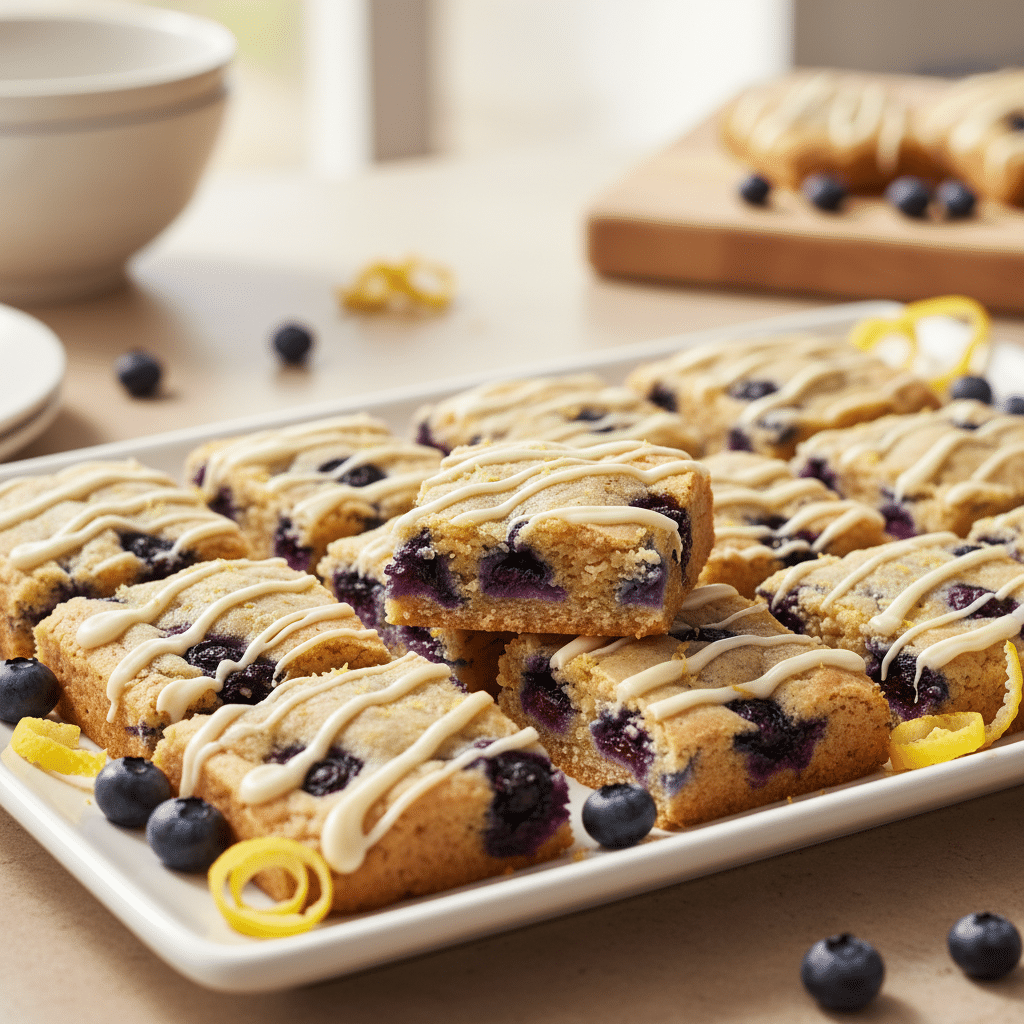 Chewy blueberry lemon cookie bars topped with white chocolate drizzle