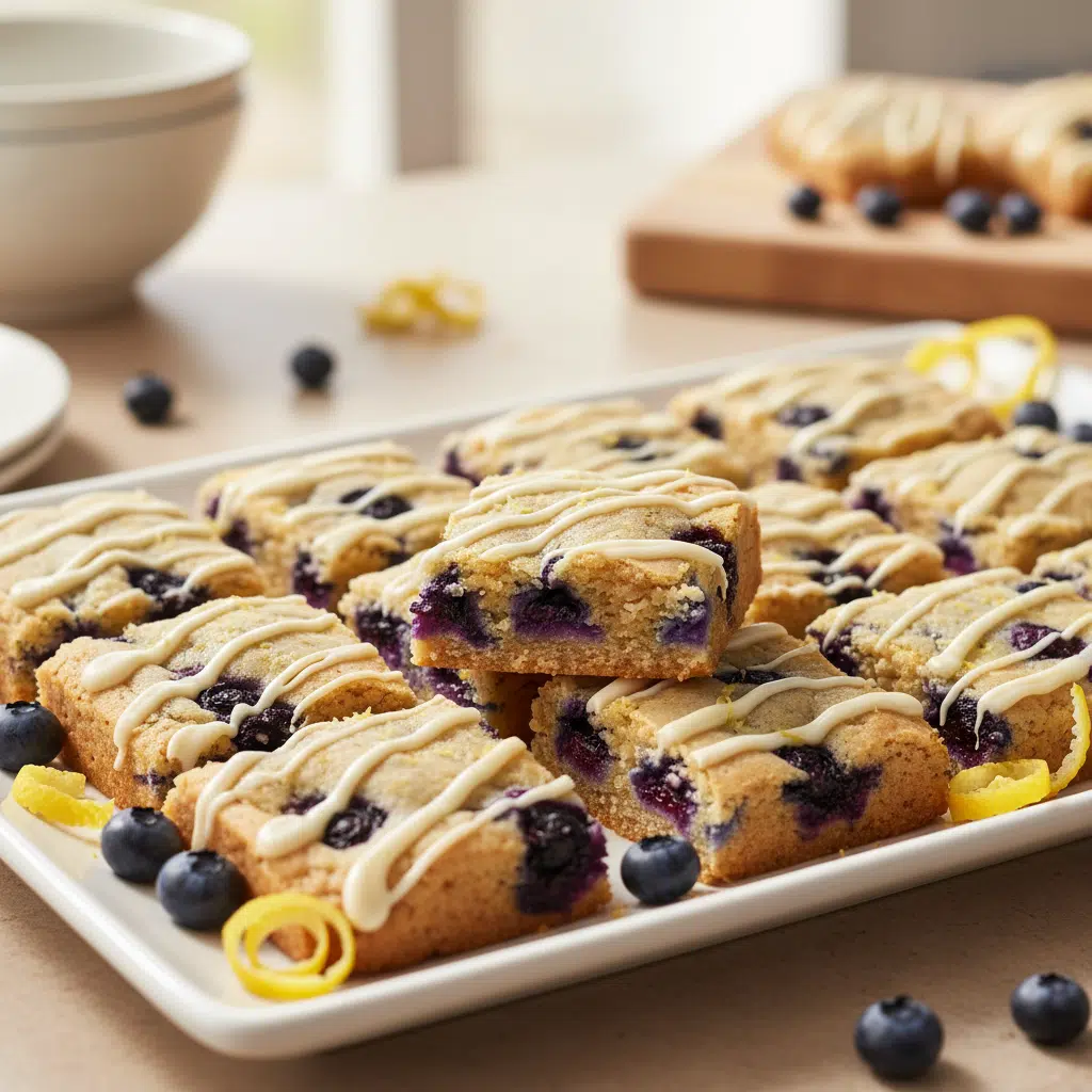 Chewy blueberry lemon cookie bars topped with white chocolate drizzle